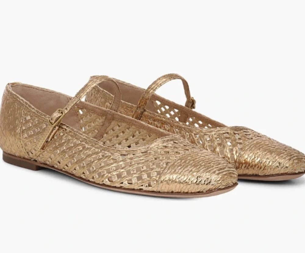 Veronica Beard Ellie Raffia Mary Jane Flats 9.5 Gold Leather Prep Luxury Western